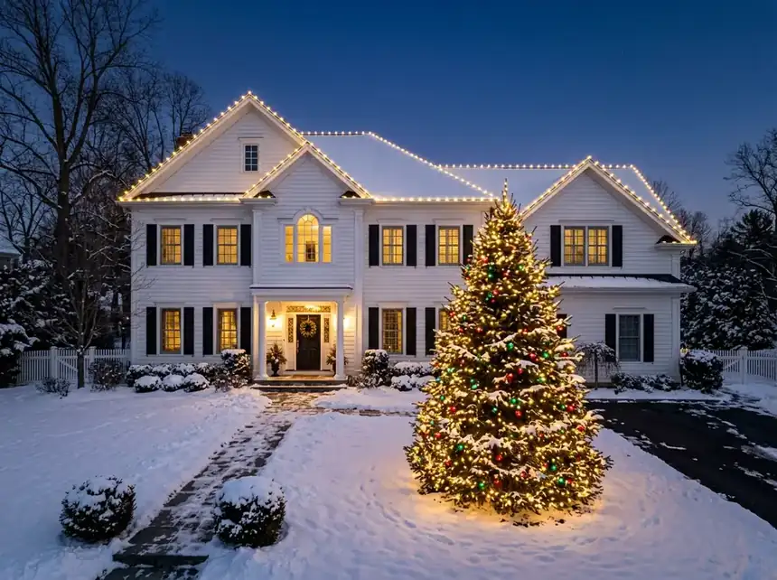 Victorian style home with a wraparound porch outlined in warm white holiday lights
