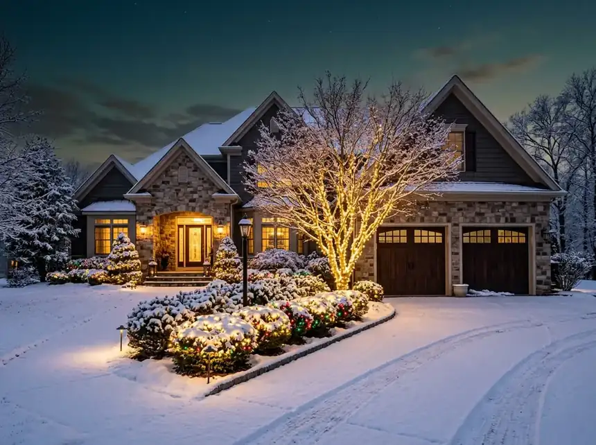 Front entry with a lit wreath, garland, and warm white lights along the porch