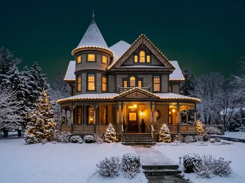 Victorian Montclair home with warm white lights tracing the eaves, turret, and porch