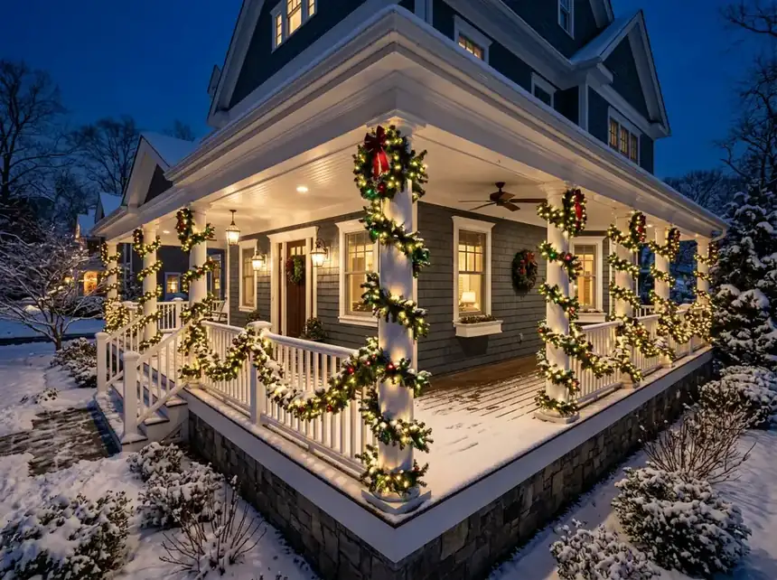Wraparound Montclair porch with evenly wrapped columns and lit garland along the railing