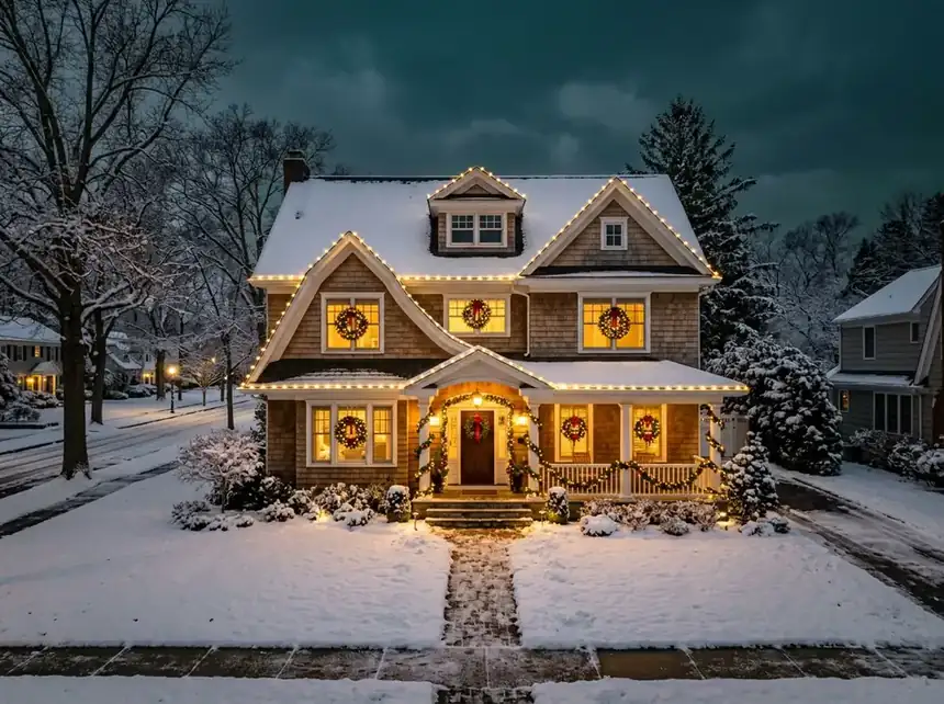 Short Hills NJ home with clean warm white roofline lighting and lit landscaping at dusk
