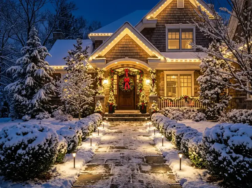 Summit front walkway lined with warm white stake lights leading to a wreath-decorated front door