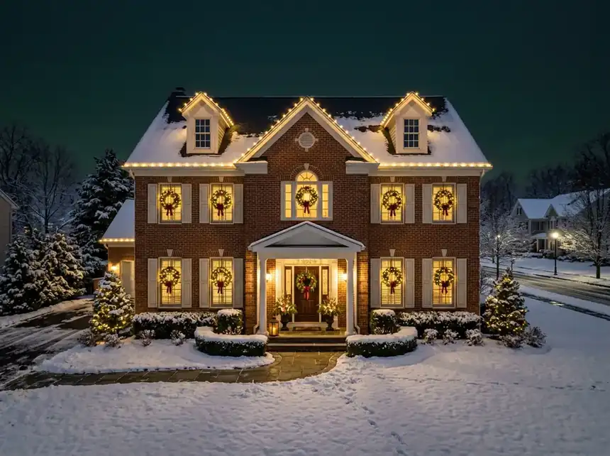 Brick-front Westfield colonial with clean warm white roofline lights and lit window wreaths