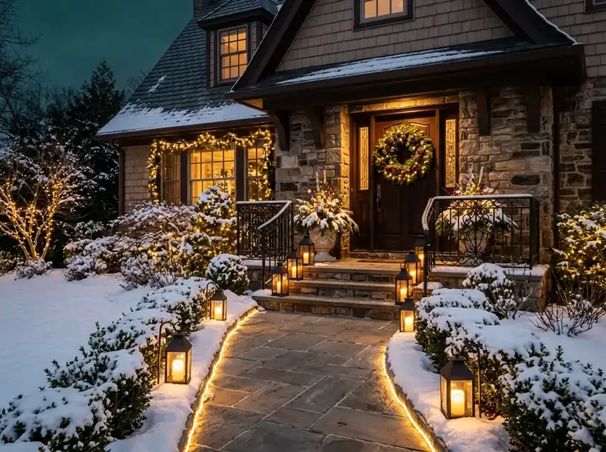 Lit stone pathway and decorated front stoop of a Westfield home in fresh snow