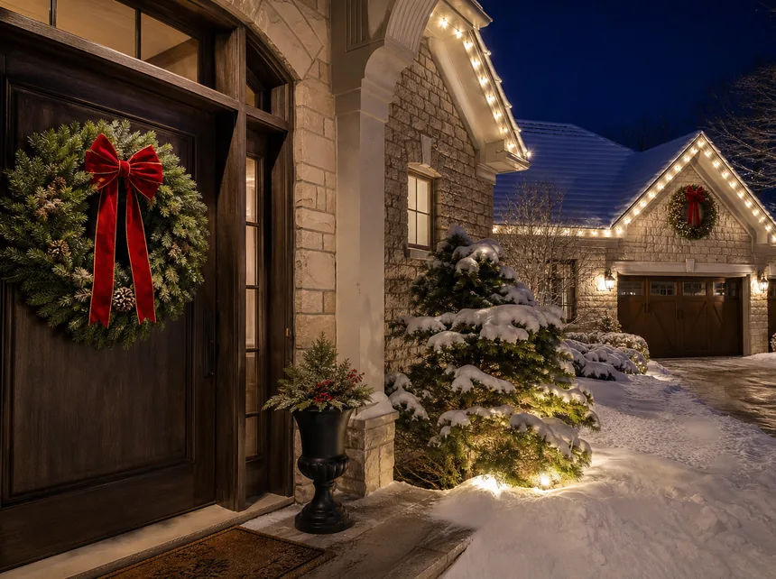Matching evergreen wreaths hung on the front door and above the garage of a stone home in Short Hills NJ