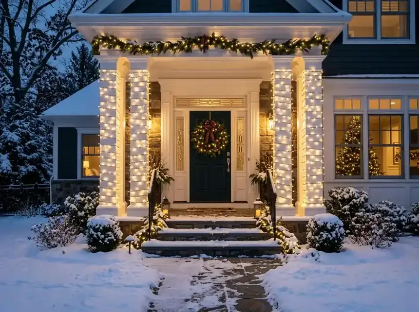 White porch column evenly wrapped in warm white Christmas lights on a snowy evening