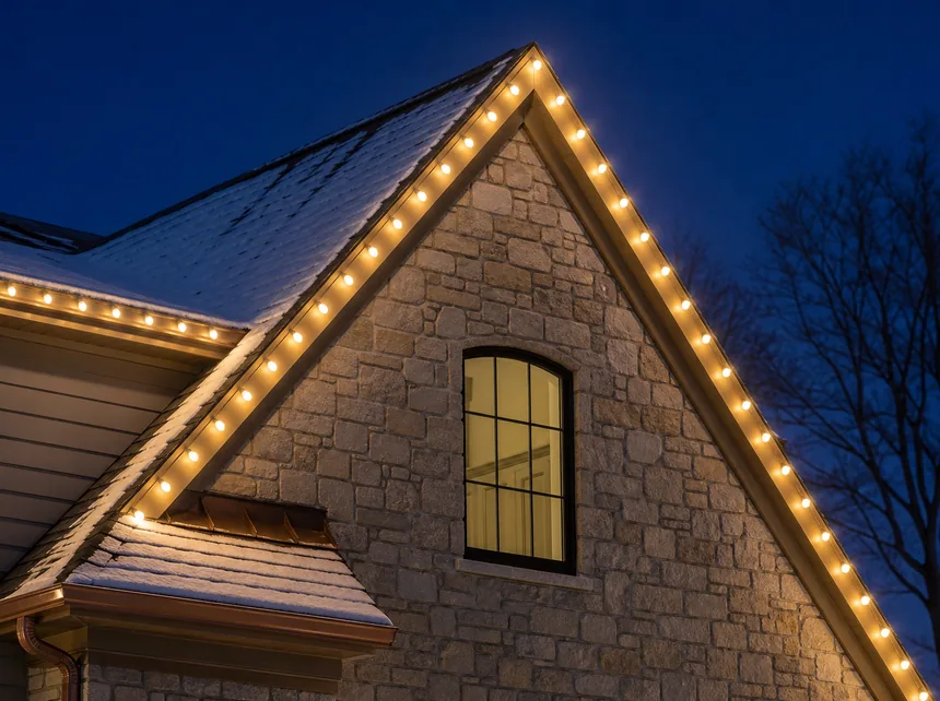 Gable peak and roofline edged in evenly spaced warm white C9 bulbs