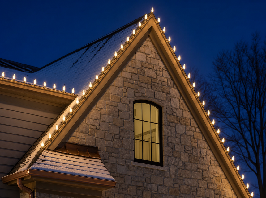 Gable peak and roofline of a Short Hills NJ stone home edged in evenly spaced warm white C9 bulbs