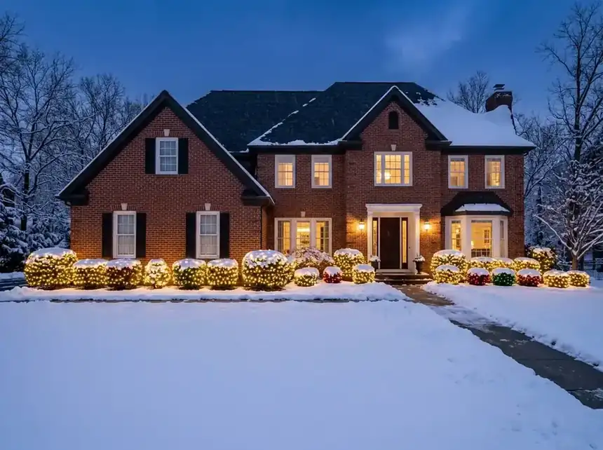 A row of neatly wrapped boxwood shrubs glowing with warm white lights along the front of a brick home in Short Hills NJ