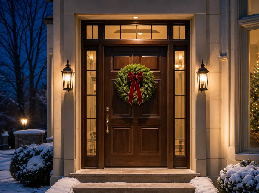 Fresh evergreen wreath with a red bow hung centered on the front door of a Short Hills NJ home