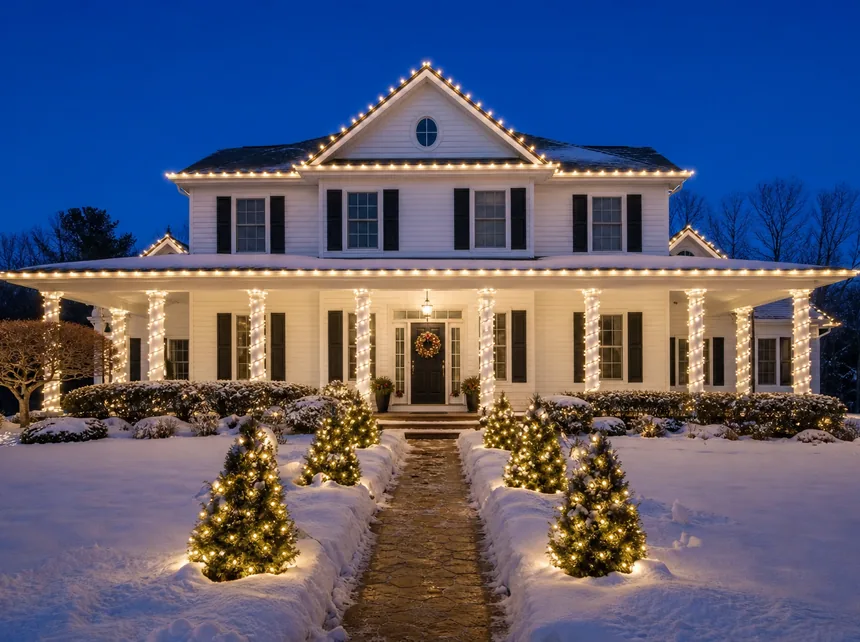 Center-hall colonial with warm white lights on every roofline and wrapped porch columns