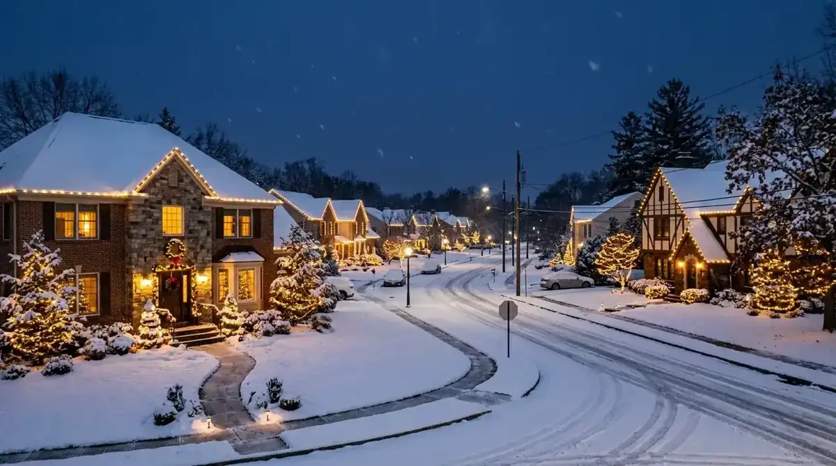 Snowy Short Hills NJ street at dusk with homes lit for the holidays