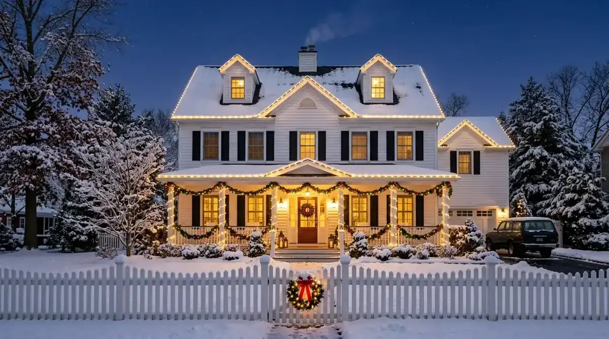 Large older home with detailed rooflines lit in warm white for the holidays