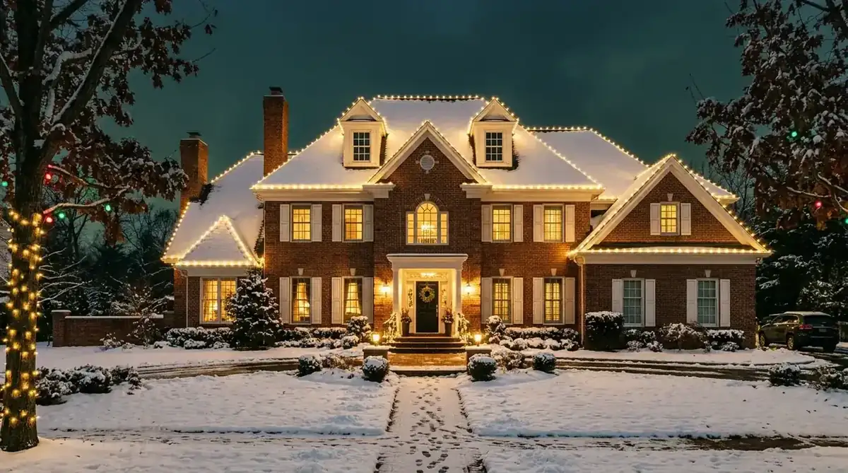 Warm white Christmas lights outlining the roofline of a large Short Hills NJ colonial home at dusk