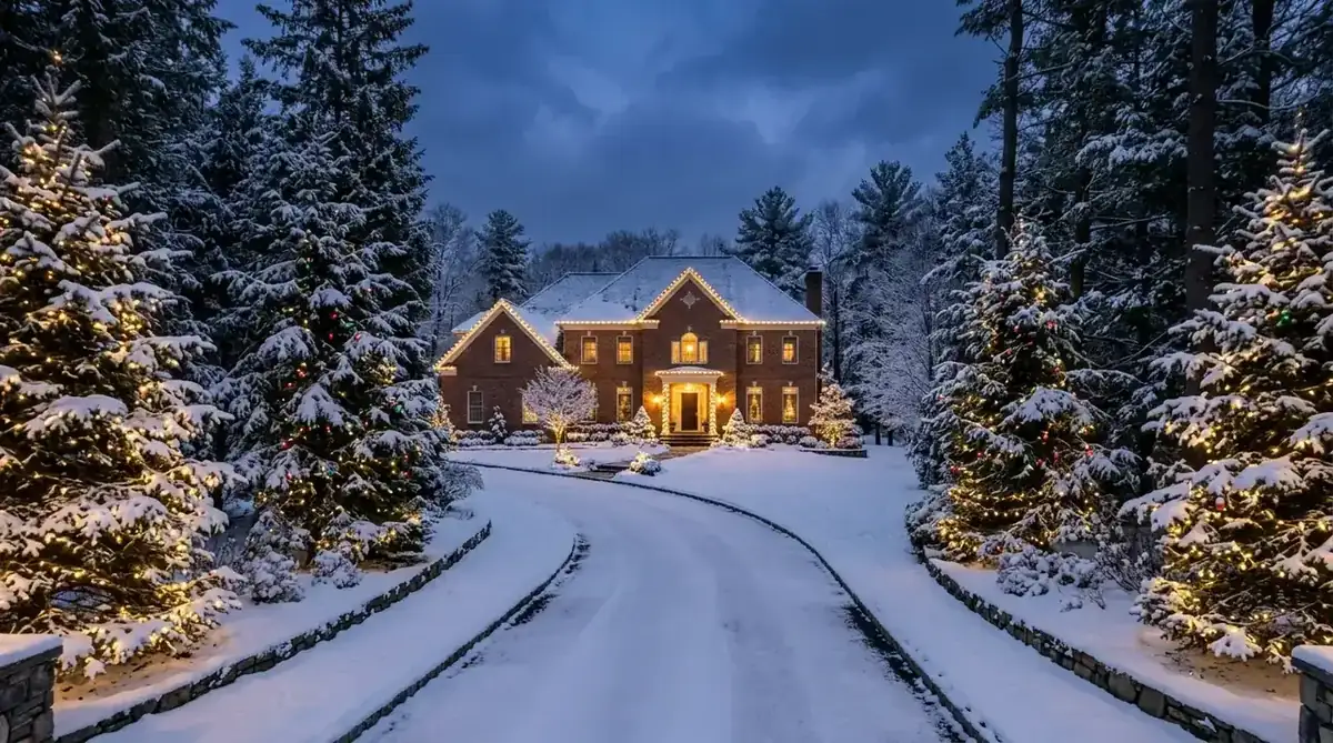 Tree-lined Essex Fells, NJ street with a stately home lit for the holidays