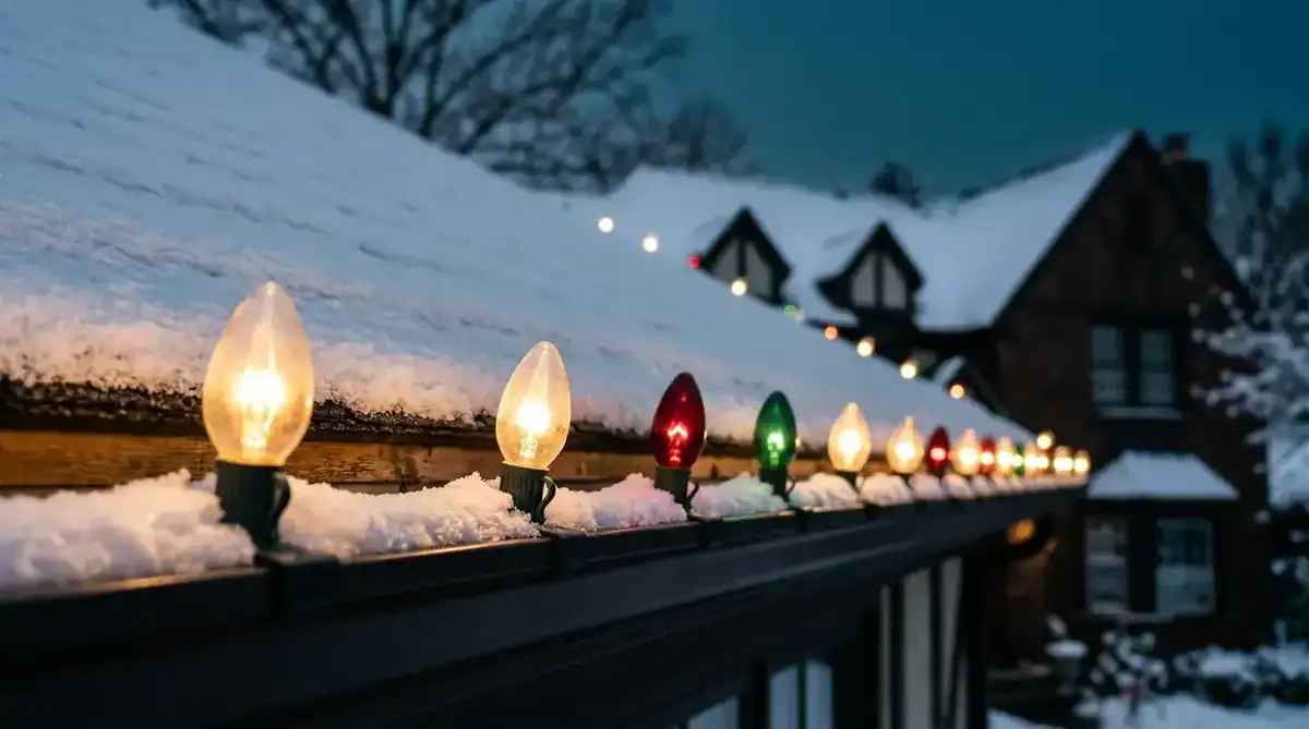 Detail of warm white Christmas lights clipped along a snowy roofline in Short Hills NJ at dusk