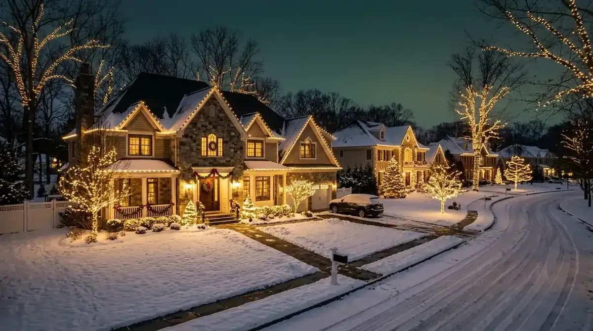 Collection of Short Hills NJ homes decorated with professional Christmas lighting at dusk