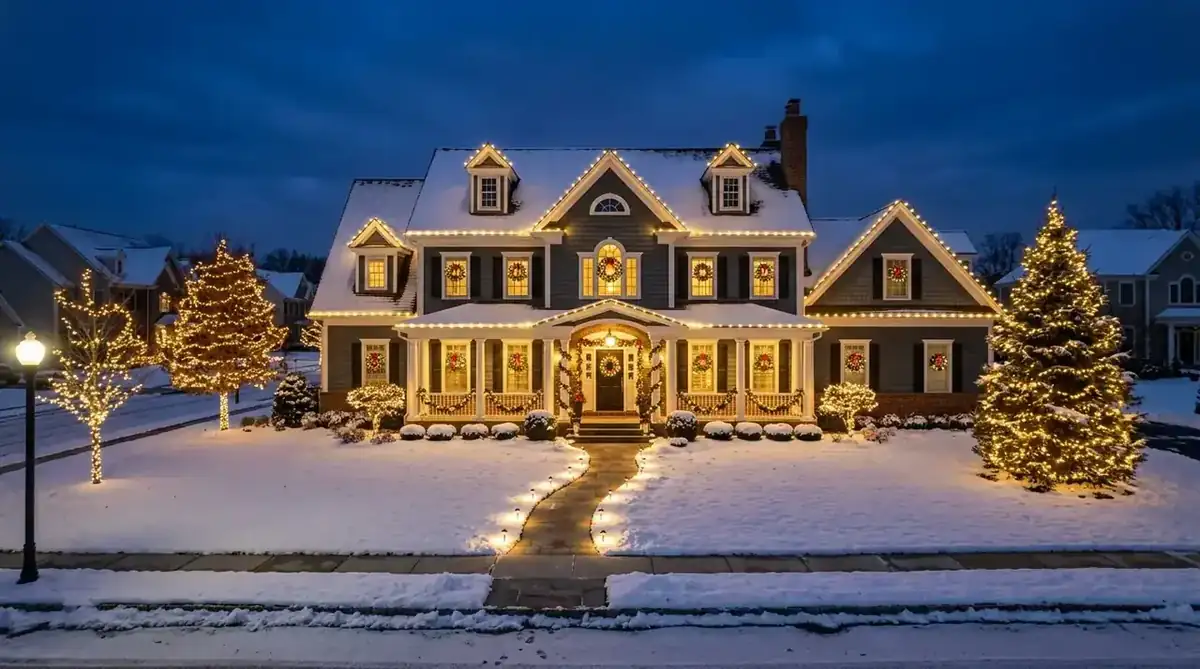 Large North Jersey home fully decorated with warm white Christmas lights along the roofline, wrapped columns, and lit trees on a snowy evening