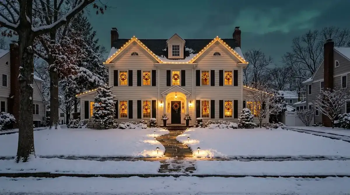 Millburn, NJ home with lit roofline, wrapped columns, and a lit walkway in the snow