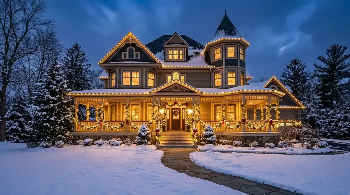 Victorian home in Montclair, NJ trimmed with warm white holiday lights and lit wreaths