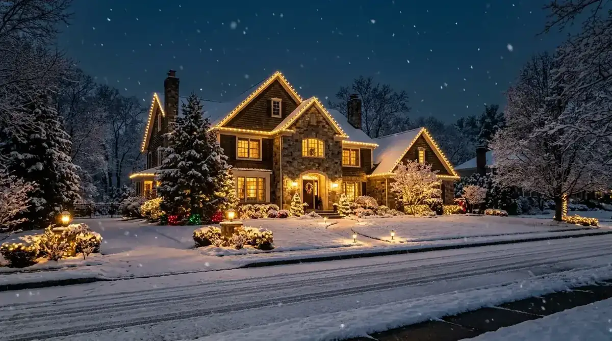 Warmly lit Short Hills NJ home exterior at night with snow falling, viewed from the street