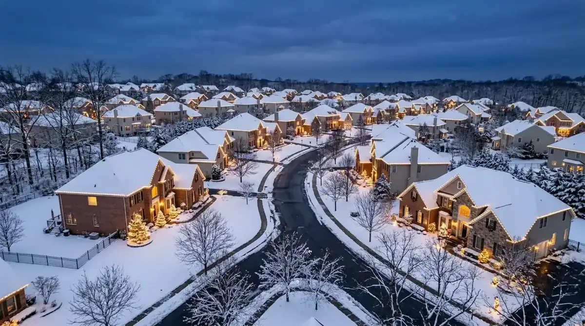 Snow-covered Short Hills NJ neighborhood with homes lit for the holidays