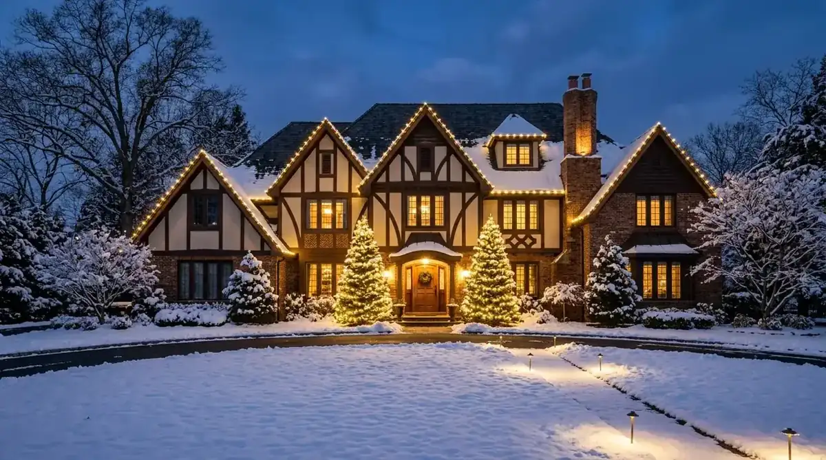 Summit, NJ home with a detailed holiday lighting display across the roofline and front landscaping