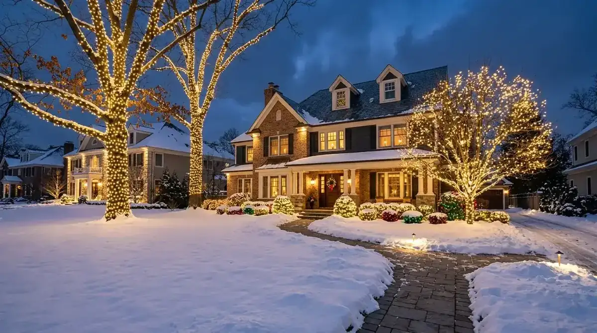 Front yard trees and shrubs at a Short Hills NJ home wrapped in warm white Christmas lights on a snowy evening