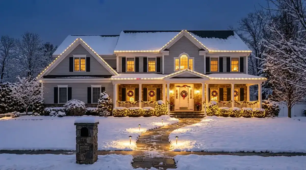 Westfield, NJ home with roofline lights, lit shrubs, and a wreath on the front door in winter