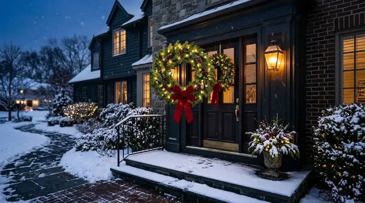 Lit evergreen Christmas wreath with a red bow hanging on the front door of a Short Hills NJ home