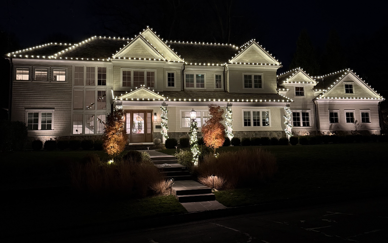 Reels of commercial-grade warm white light strands and clip hardware beside a ladder at a snowy home
