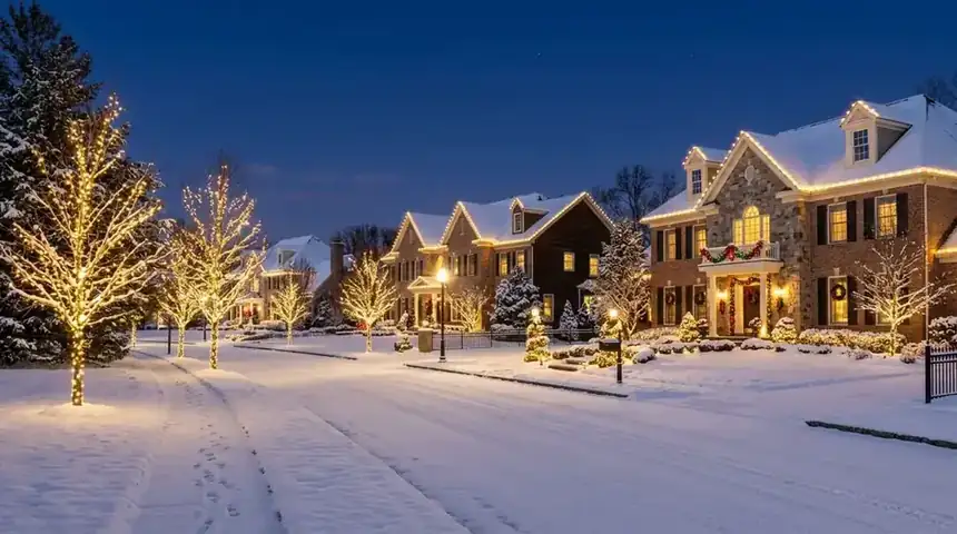 Snowy North Jersey street at dusk with several homes outlined in warm white Christmas lights