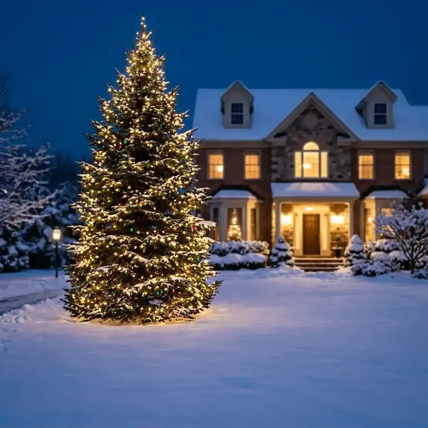 Tall front-yard spruce wrapped in warm white lights glowing over deep snow
