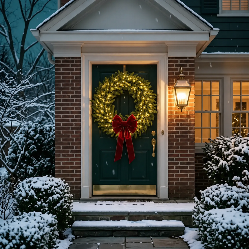 Oversized lit evergreen wreath with warm white lights and a red velvet bow on a dark green front door
