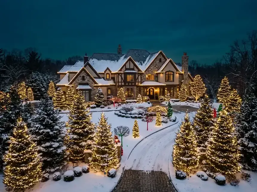 Stately Short Hills NJ home with layered roofline lighting and mature trees wrapped in warm white lights