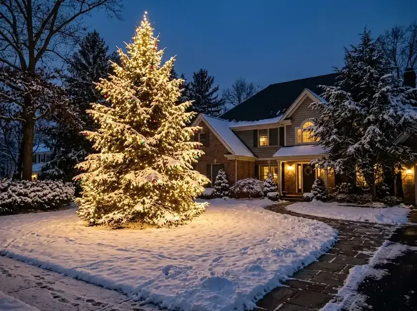 Front of a Short Hills NJ home with wrapped columns, a lit wreath, and warm white roofline lighting