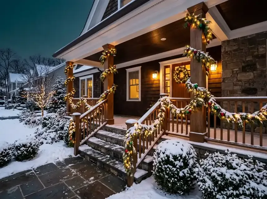 Millburn covered front porch with wrapped columns and a lit railing garland dusted with snow