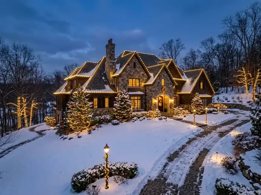 Stone and shingle Summit home with layered roofline lighting and wrapped mature trees