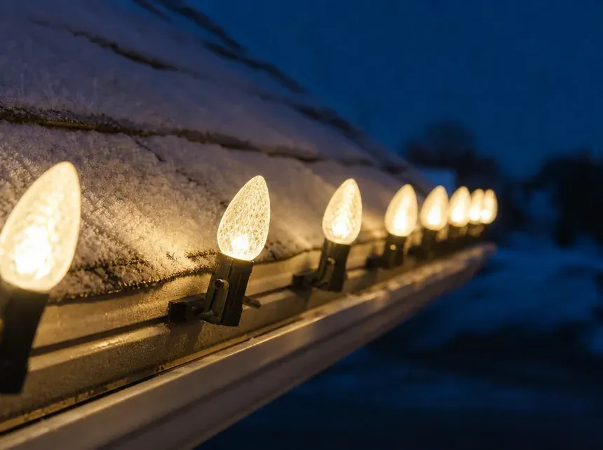 Close-up of warm white C9 bulbs in commercial-grade clips secured along the gutter line of a Short Hills NJ home, no nails or staples