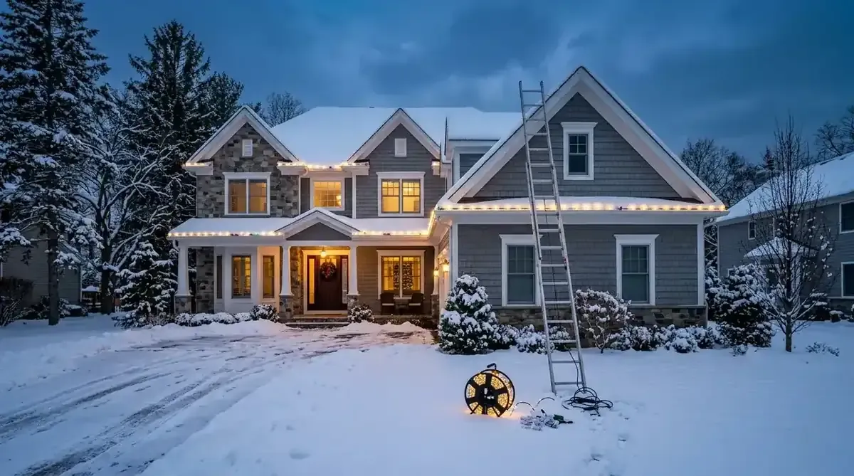 Installer on a ladder carefully clipping commercial-grade Christmas lights to the roofline of a Short Hills NJ home in winter