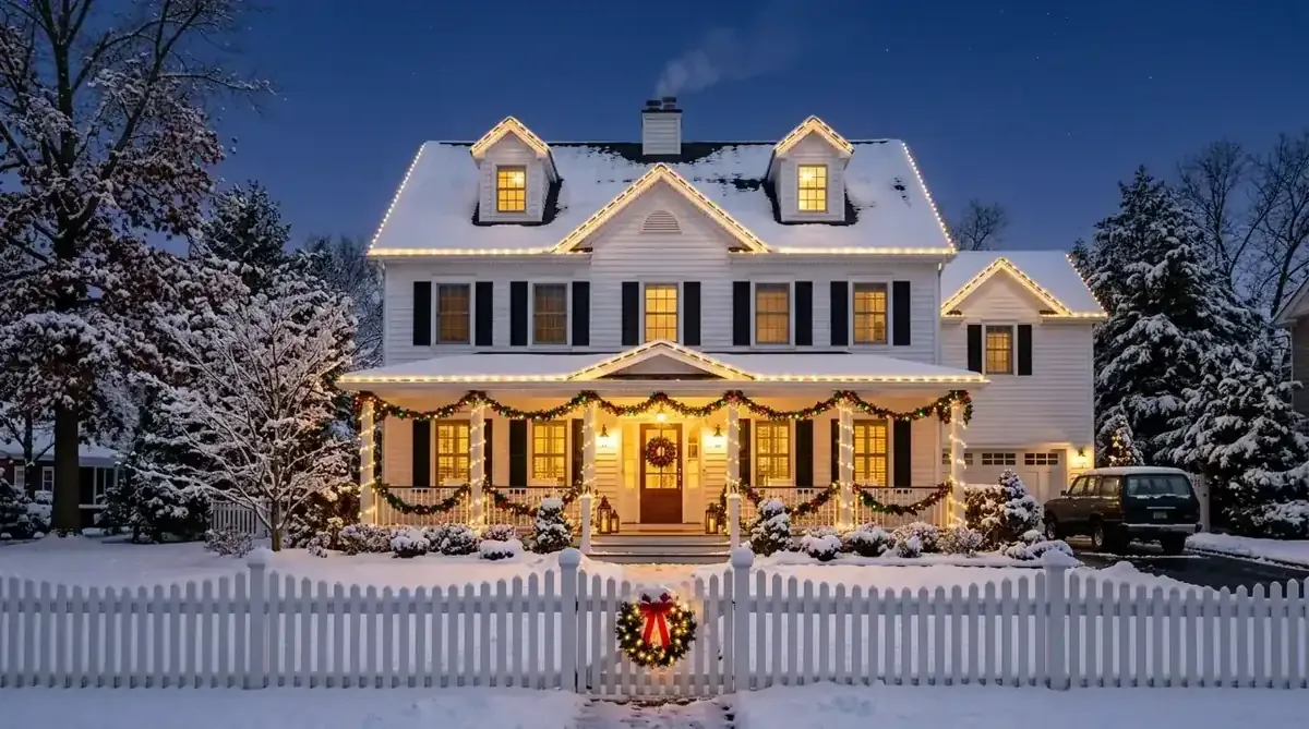 Large older home with detailed rooflines lit in warm white for the holidays