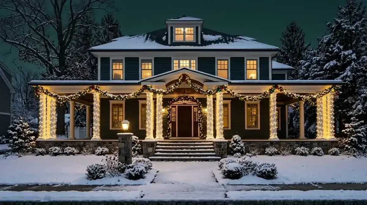 Front porch columns of a Short Hills NJ home neatly wrapped in warm white Christmas lights with garland at the entry
