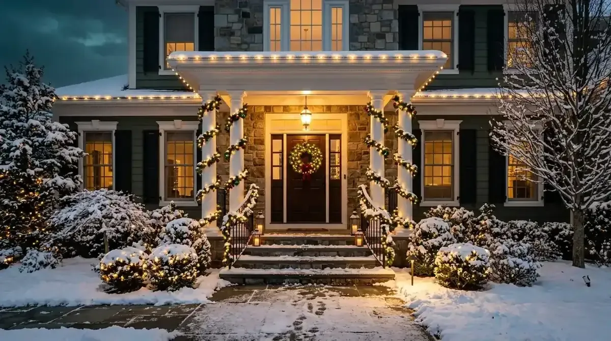 Front door of a decorated Short Hills NJ home glowing warmly with holiday lights in the snow
