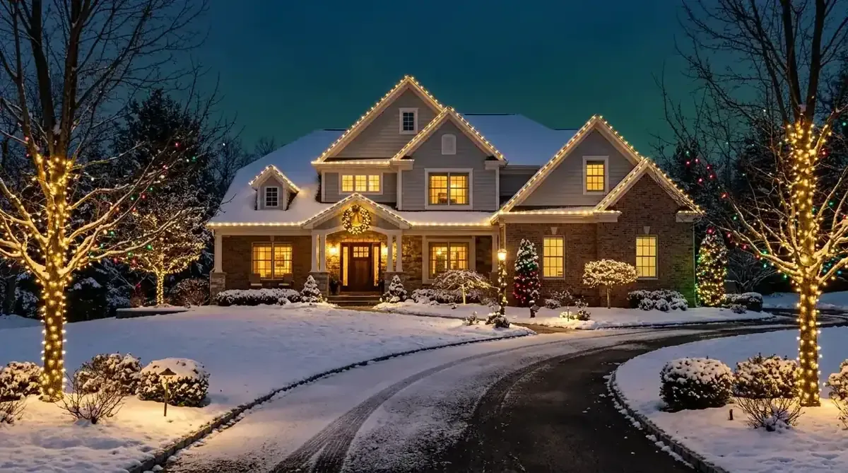 Decorated Short Hills NJ home at dusk with warm white roofline lights and a lit front walkway
