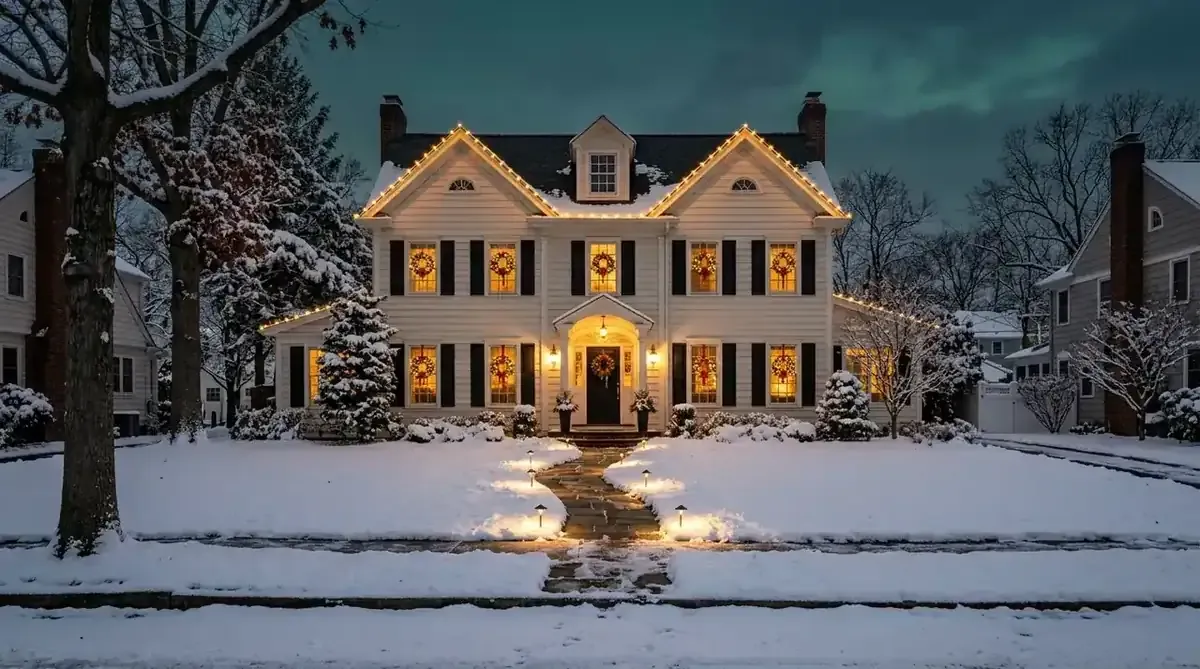 Millburn, NJ home with lit roofline, wrapped columns, and a lit walkway in the snow