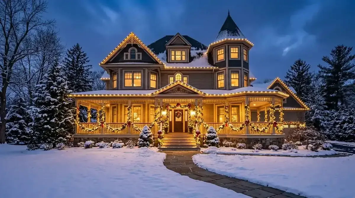 Two story home lit with warm white roofline lighting and wrapped trees in the front yard at dusk