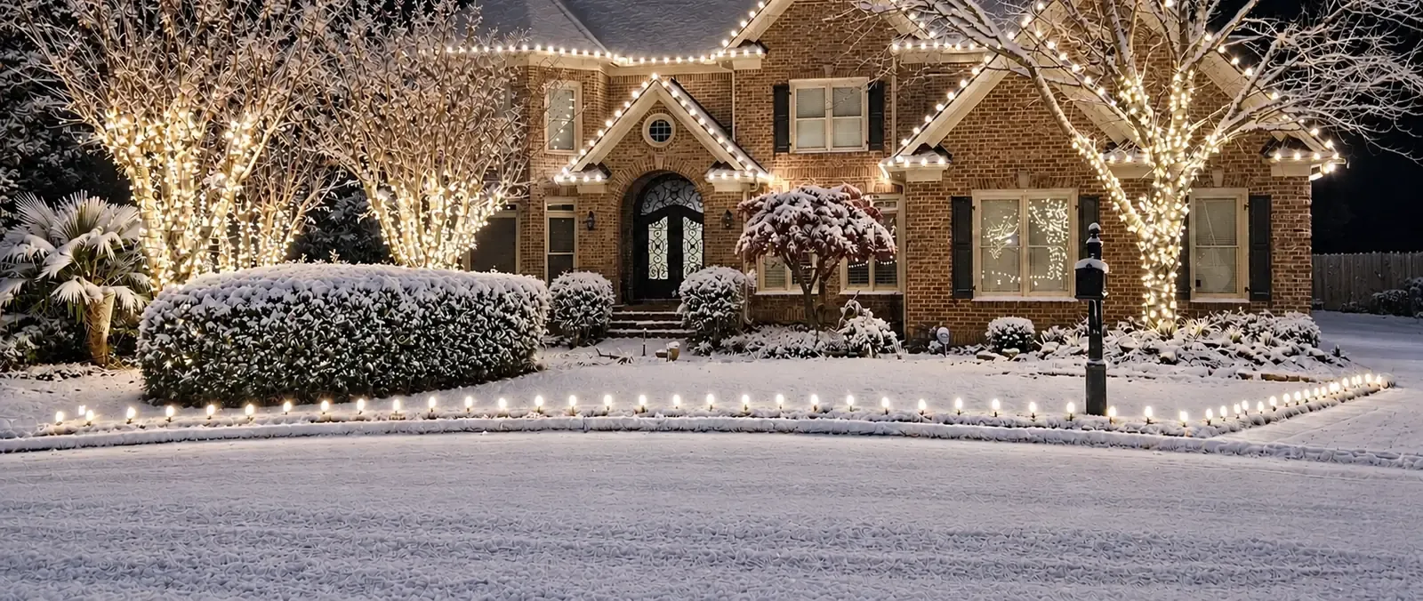 Snow-covered Short Hills NJ home at night with warm white roofline lights, wrapped front-yard trees and ground stake lights lining the driveway and lawn edge