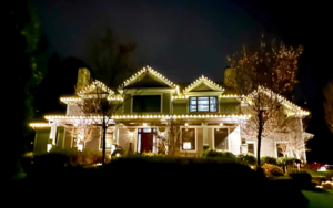 Craftsman home in Short Hills NJ with C9 roofline lighting and uplit trees at night