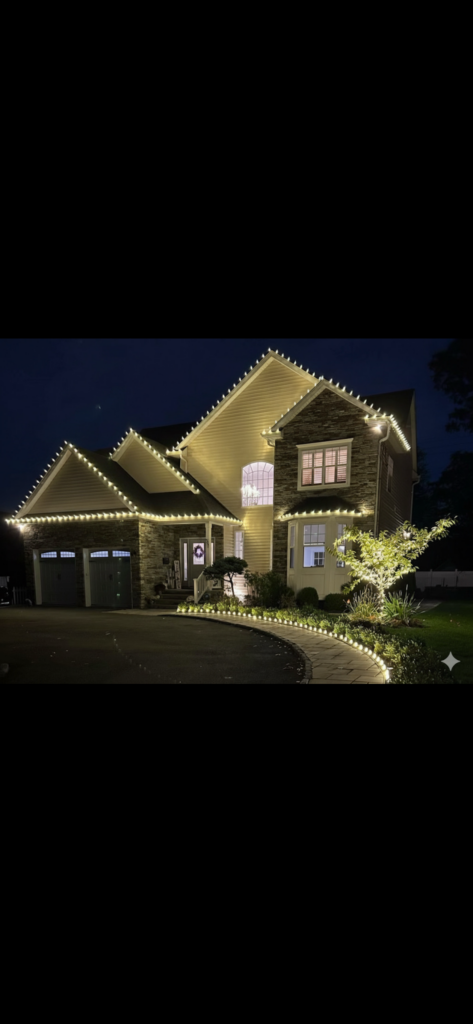 Stone and siding Short Hills NJ home with crisp C9 roofline lights and a lit driveway tree
