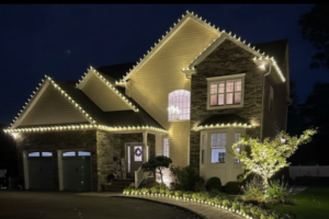 Stone and siding Short Hills NJ home with crisp C9 roofline lights and a lit driveway tree